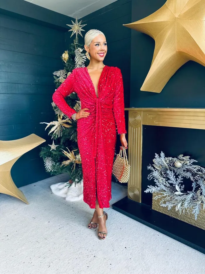 Women Day Dress Canella Lane Meghan Plunge Sequin Midi Dress Red
