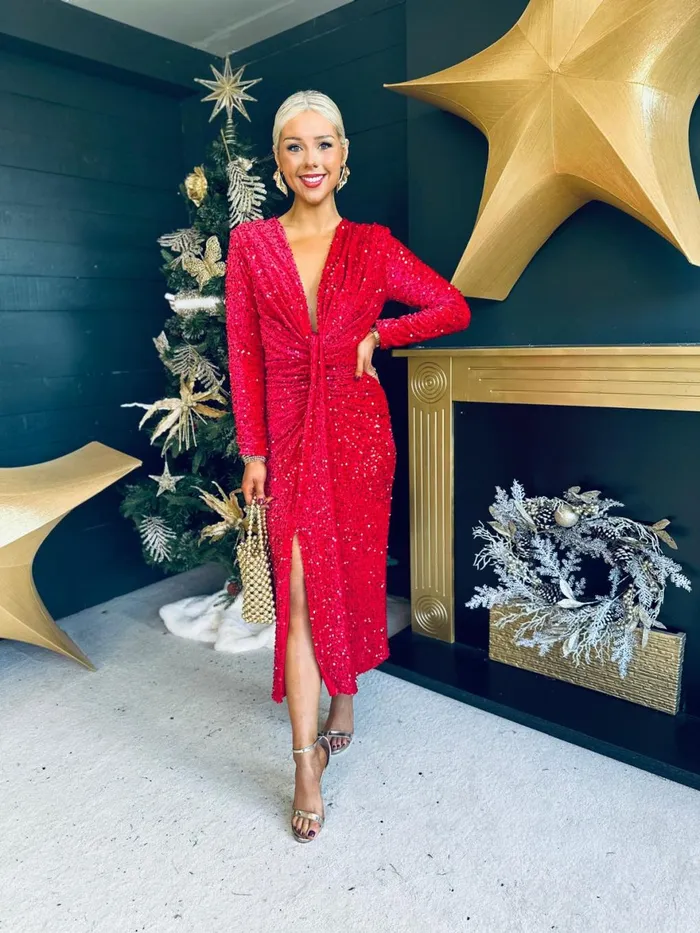 Women Day Dress Canella Lane Meghan Plunge Sequin Midi Dress Red