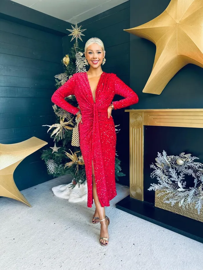 Women Day Dress Canella Lane Meghan Plunge Sequin Midi Dress Red