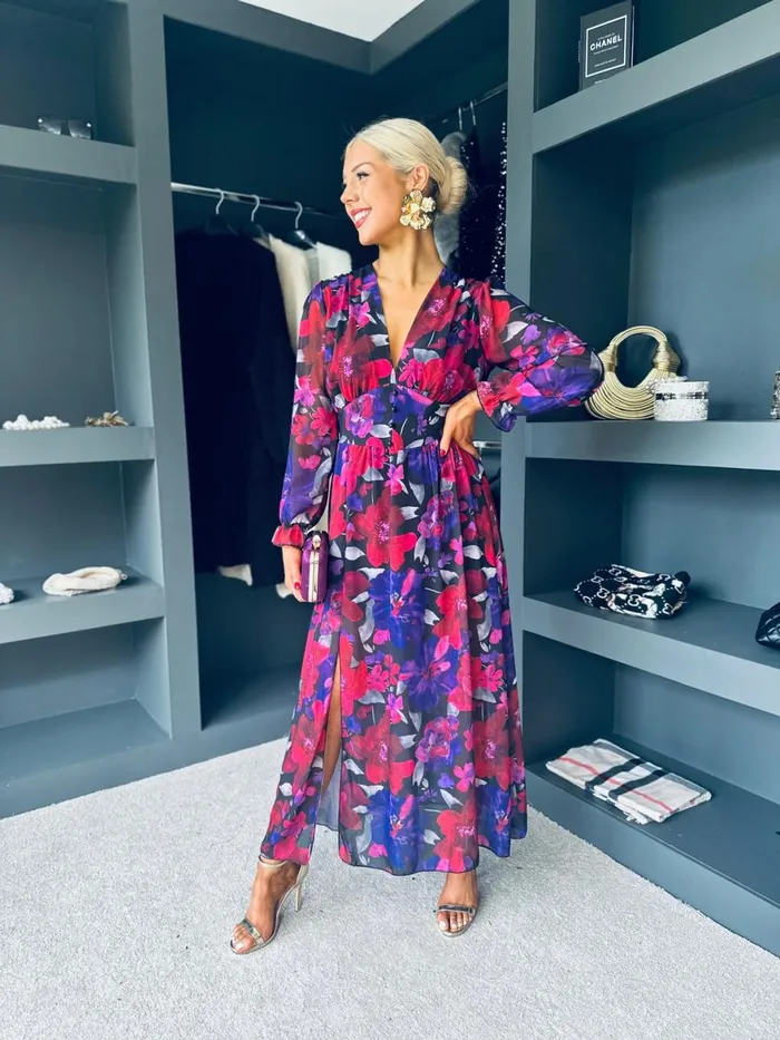 Women Day Dress Canella Lane Nadia Banded Midi Dress Floral Ruby
