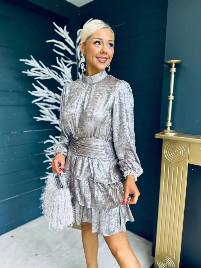 Women Day Dress Canella Lane Naomi Metallic Mini Dress MochaSilver