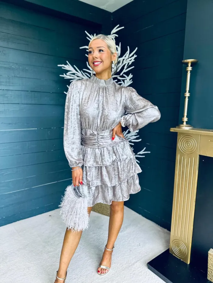 Women Day Dress Canella Lane Naomi Metallic Mini Dress MochaSilver