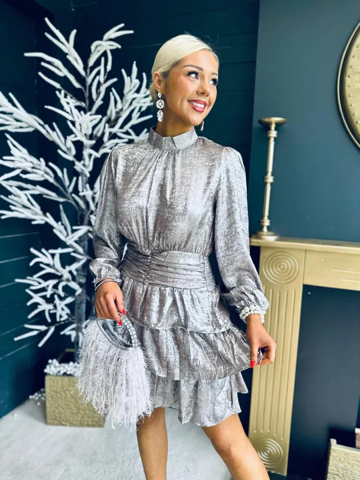 Women Day Dress Canella Lane Naomi Metallic Mini Dress MochaSilver
