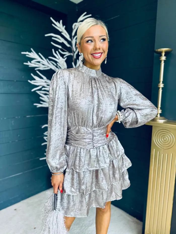 Women Day Dress Canella Lane Naomi Metallic Mini Dress MochaSilver