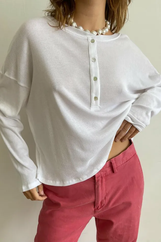 Women DONNI Tops Rib Henley Long Sleeve