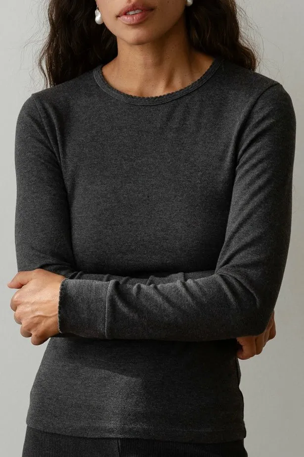 Women DONNI Tops The Baby Rib Scallop Long Sleeve