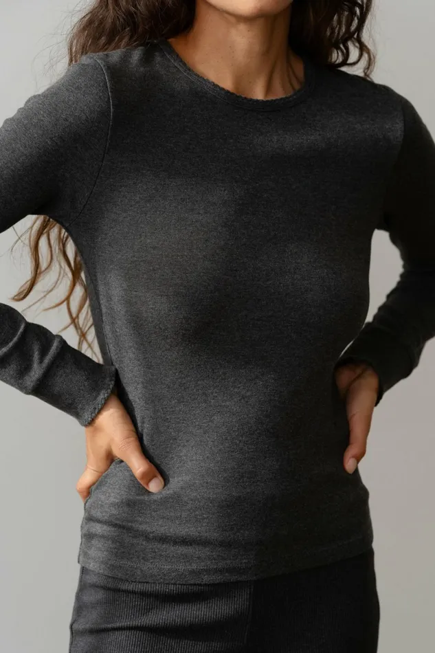 Women DONNI Tops The Baby Rib Scallop Long Sleeve