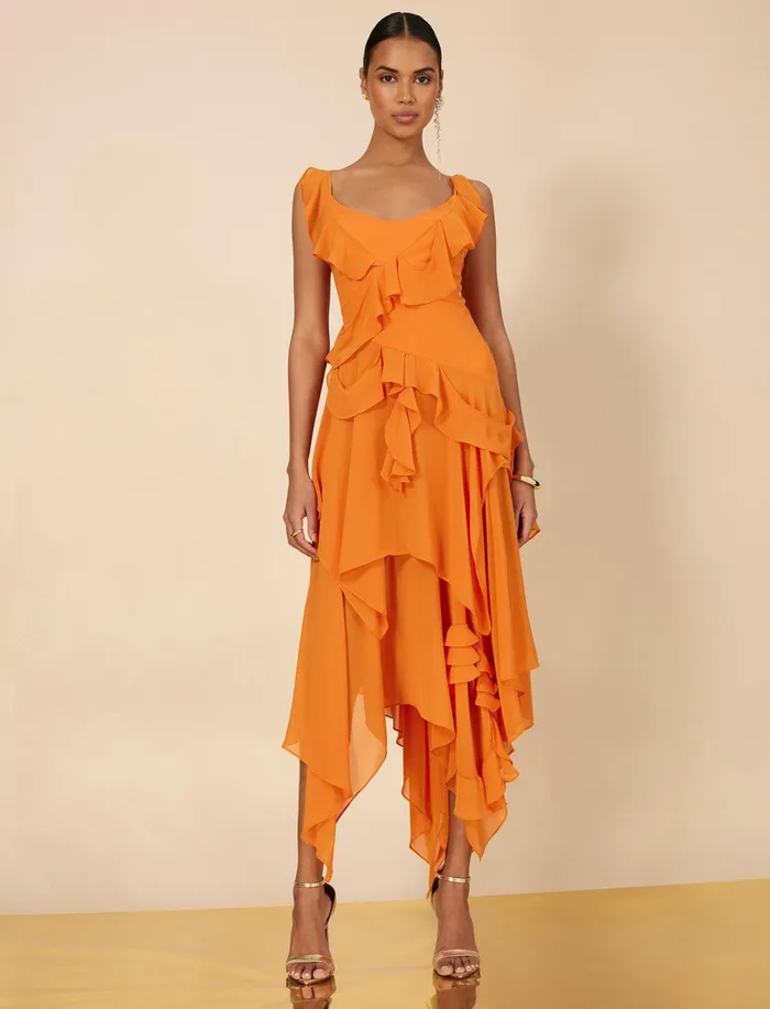 Women Dresses BCBG Annabel Ruffle Dress Russet Orange