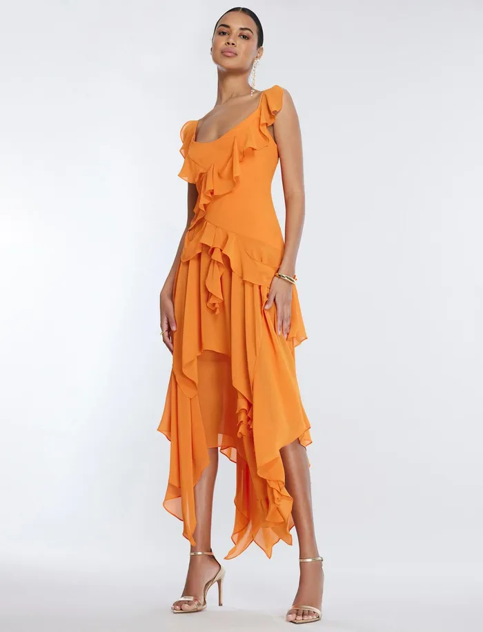 Women Dresses BCBG Annabel Ruffle Dress Russet Orange