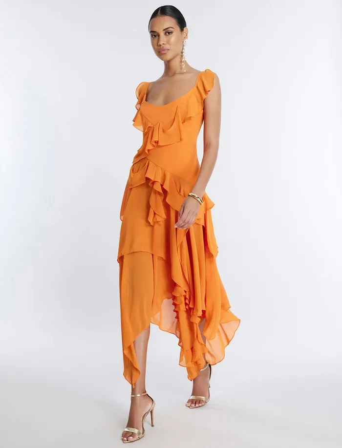 Women Dresses BCBG Annabel Ruffle Dress Russet Orange