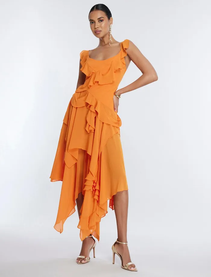 Women Dresses BCBG Annabel Ruffle Dress Russet Orange