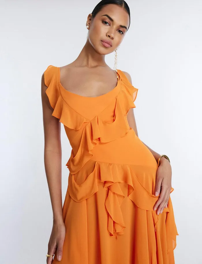 Women Dresses BCBG Annabel Ruffle Dress Russet Orange