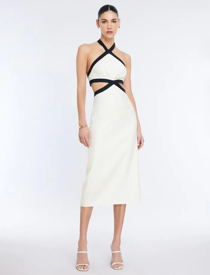 Women Dresses BCBG Lula Contrast Trim Midi Dress White Combo