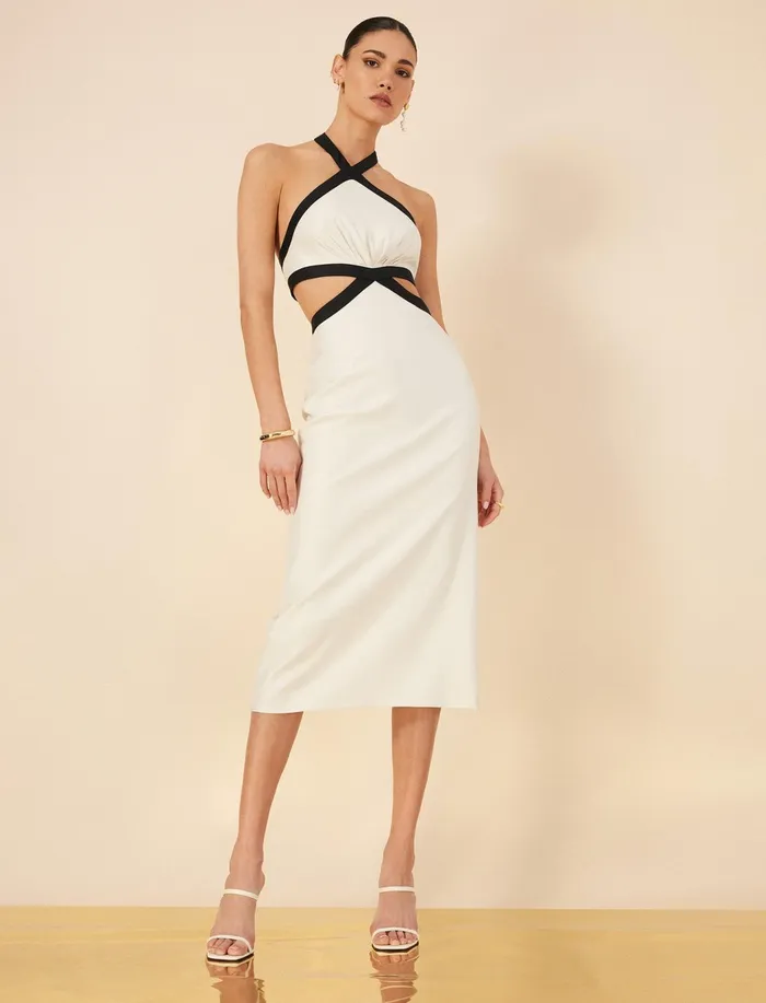 Women Dresses BCBG Lula Contrast Trim Midi Dress White Combo