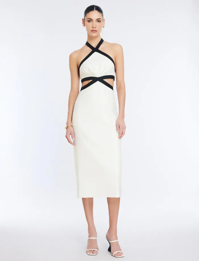Women Dresses BCBG Lula Contrast Trim Midi Dress White Combo