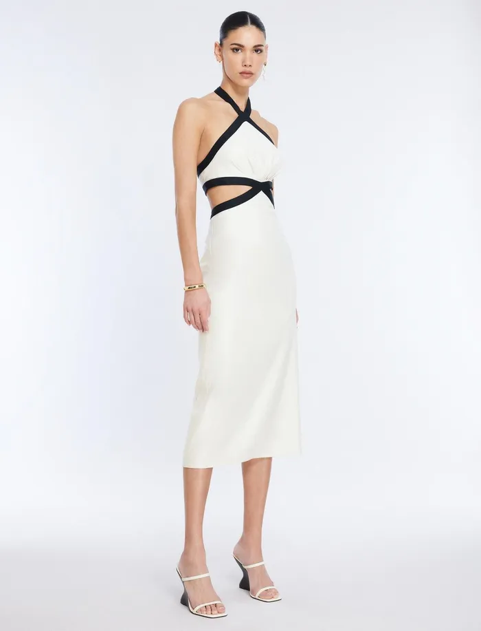 Women Dresses BCBG Lula Contrast Trim Midi Dress White Combo
