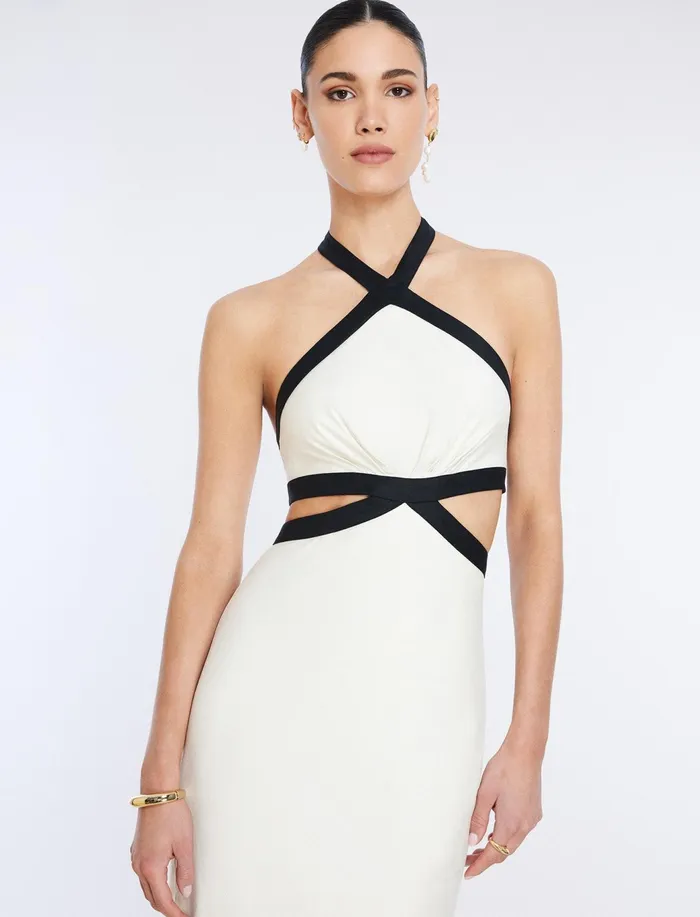 Women Dresses BCBG Lula Contrast Trim Midi Dress White Combo
