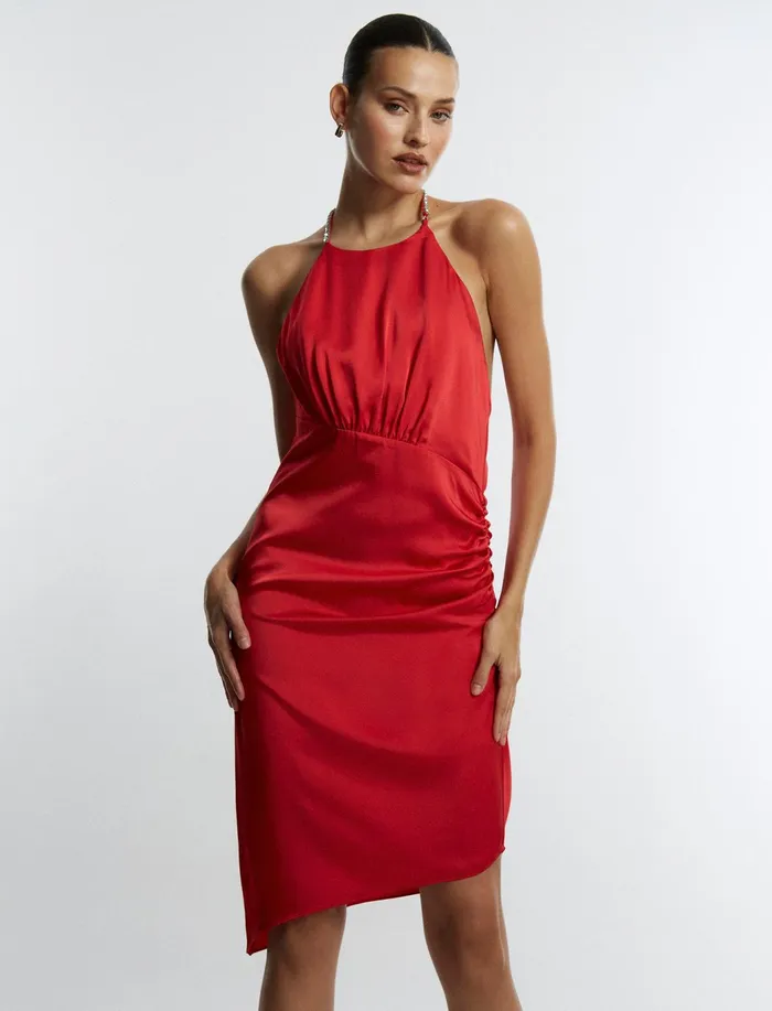 Women Dresses BCBG Red Anwen Ruched Mini Dress Fiery Red