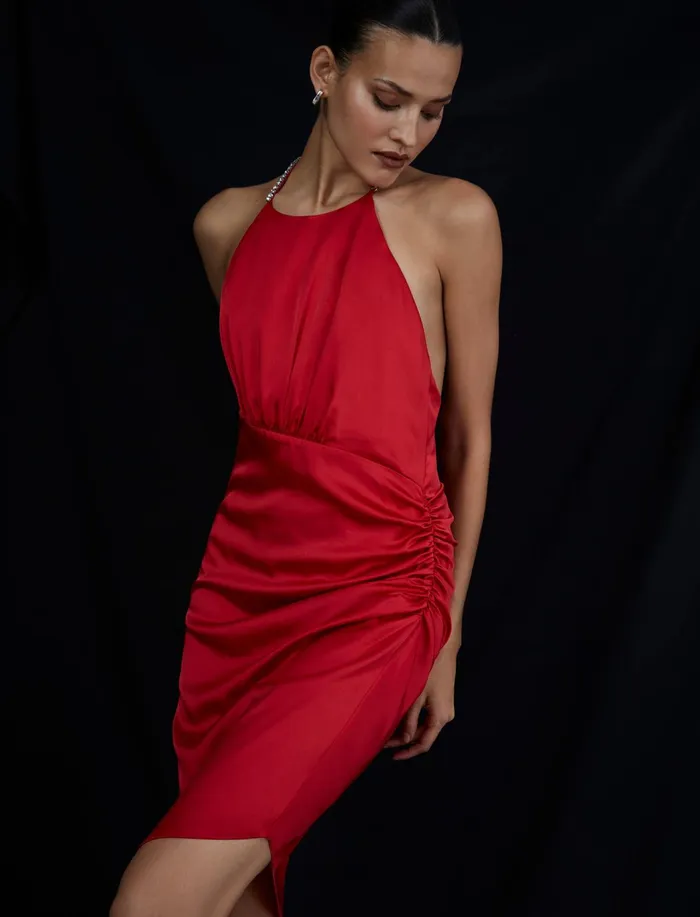 Women Dresses BCBG Red Anwen Ruched Mini Dress Fiery Red