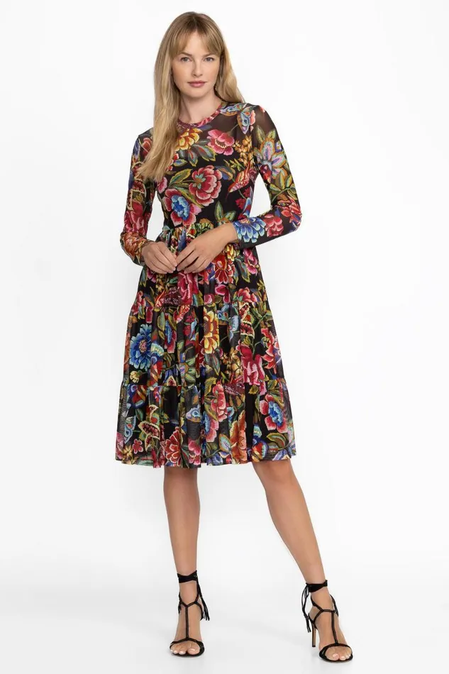 Women Dresses Johnny Was LONG SLEEVE MESH TIERED DRESS Antiqua Flower Print