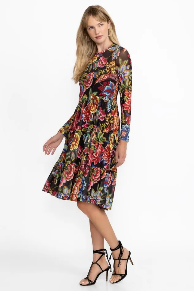 Women Dresses Johnny Was LONG SLEEVE MESH TIERED DRESS Antiqua Flower Print Women Dresses Johnny Was LONG SLEEVE MESH TIERED DRESS Antiqua Flower Print