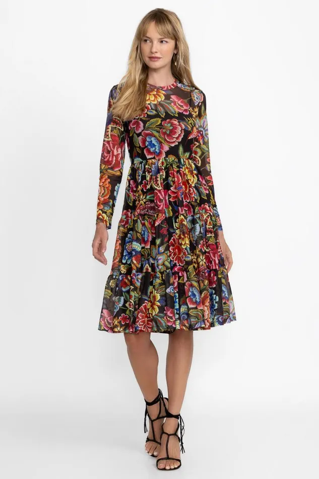 Women Dresses Johnny Was LONG SLEEVE MESH TIERED DRESS Antiqua Flower Print Women Dresses Johnny Was LONG SLEEVE MESH TIERED DRESS Antiqua Flower Print