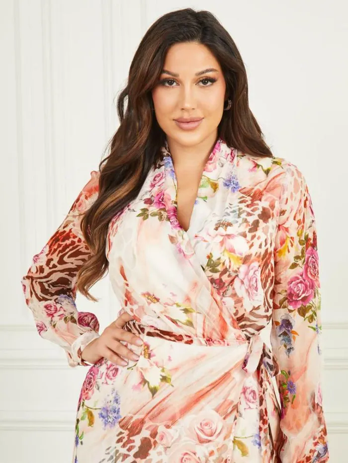Women Dresses Marciano Rose Silk Wrap Dress Rose Shadow Print Women Dresses Marciano Rose Silk Wrap Dress Rose Shadow Print