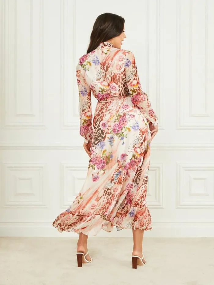 Women Dresses Marciano Rose Silk Wrap Dress Rose Shadow Print Women Dresses Marciano Rose Silk Wrap Dress Rose Shadow Print