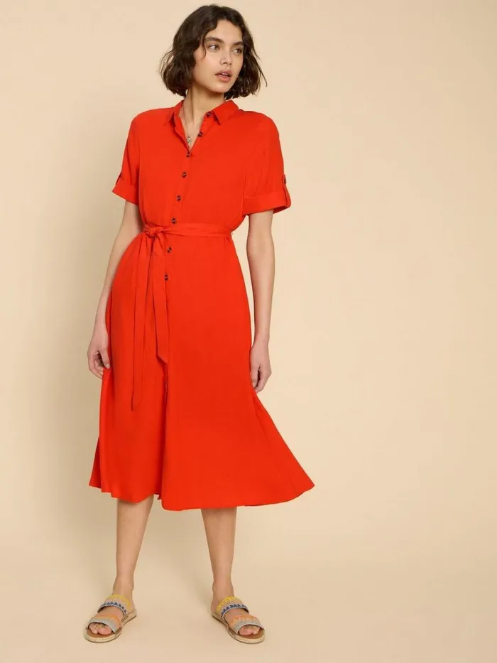 Women DRESSES White Stuff Beth Linen Blend Shirt Dress Bright Orange