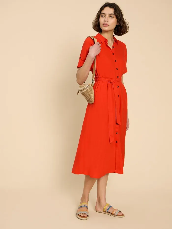 Women DRESSES White Stuff Beth Linen Blend Shirt Dress Bright Orange