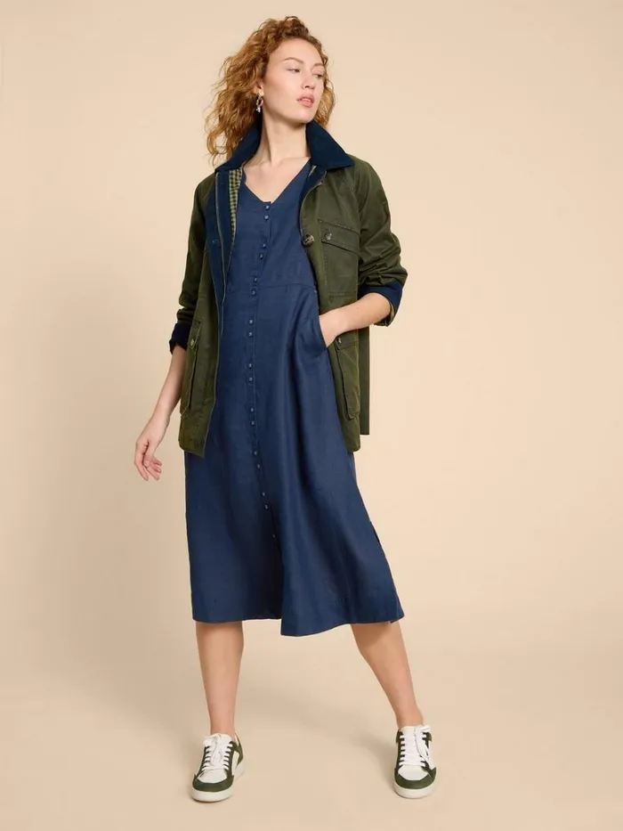 Women DRESSES White Stuff Ivy Linen V Neck Midi Dress Dark Navy
