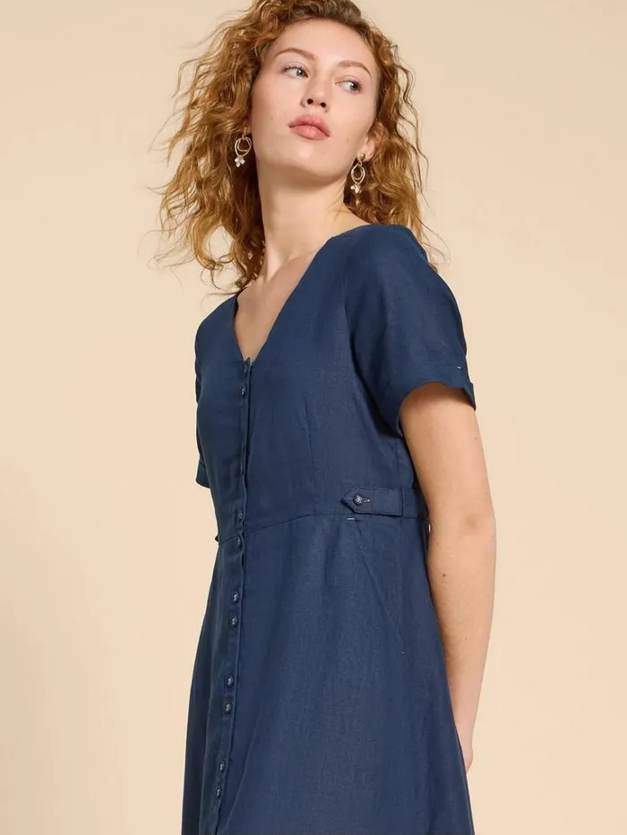 Women DRESSES White Stuff Ivy Linen V Neck Midi Dress Dark Navy