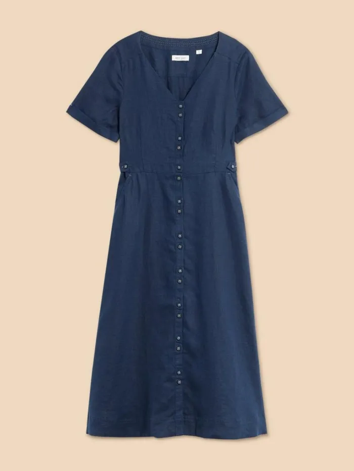 Women DRESSES White Stuff Ivy Linen V Neck Midi Dress Dark Navy