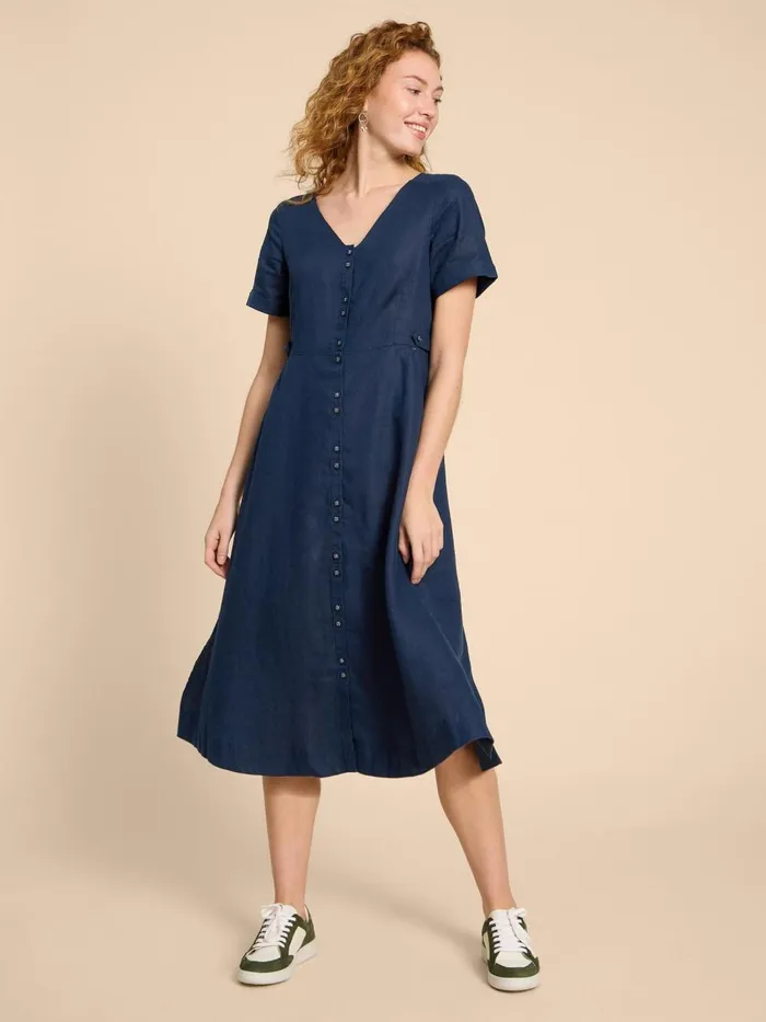 Women DRESSES White Stuff Ivy Linen V Neck Midi Dress Dark Navy
