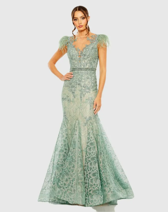 Women Embellished Feather Cap Sleeve Illusion Neck Trumpet Gown Sage Best Sellers Mac Duggal