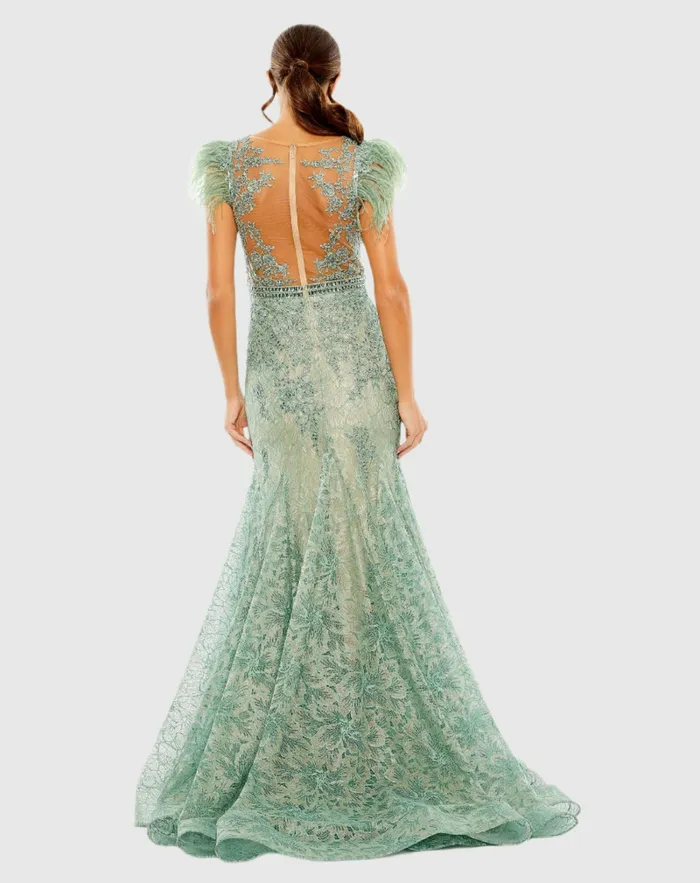 Women Embellished Feather Cap Sleeve Illusion Neck Trumpet Gown Sage Best Sellers Mac Duggal