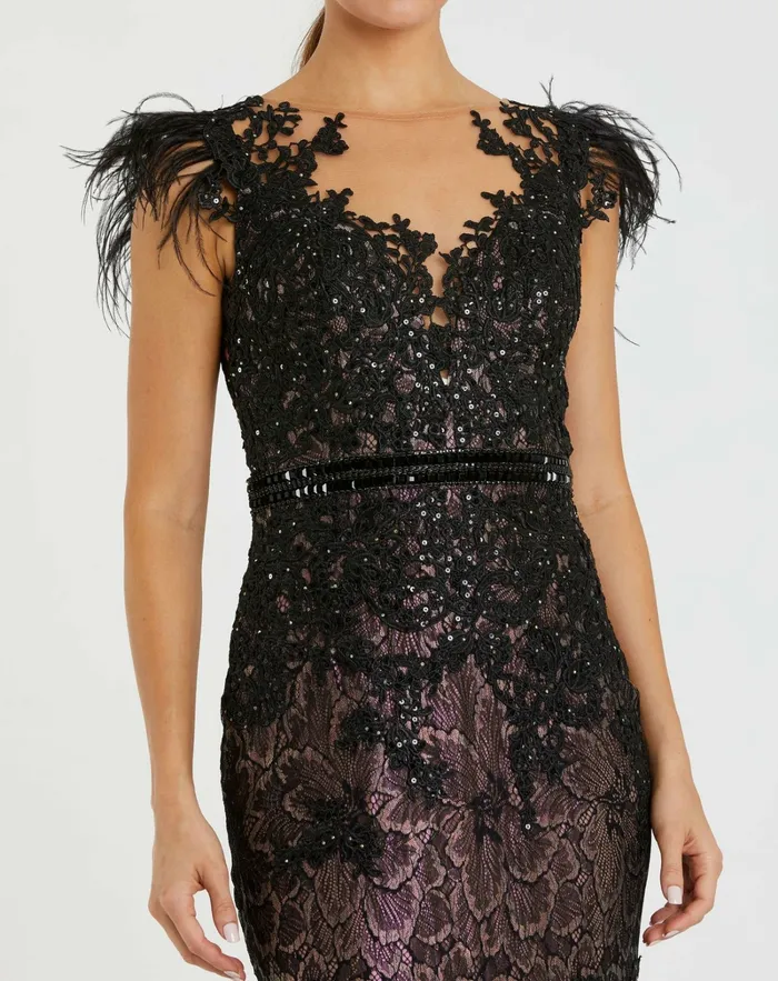 Women Embellished Feather Cap Sleeve Illusion Neck Trumpet Gown Sage Best Sellers Mac Duggal