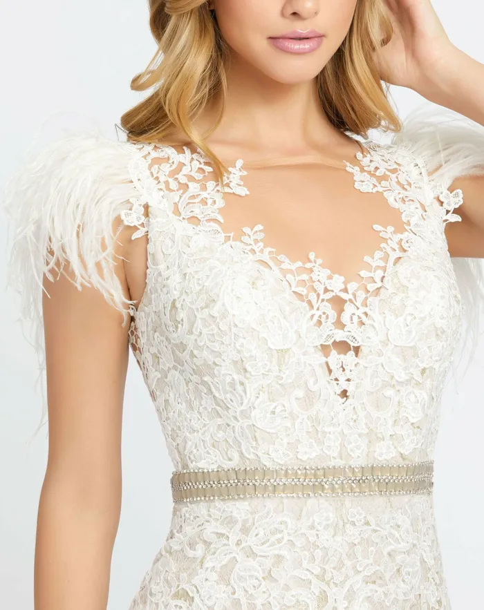 Women Embellished Feather Cap Sleeve Illusion Neck Trumpet Gown Sage Best Sellers Mac Duggal
