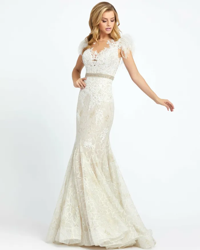 Women Embellished Feather Cap Sleeve Illusion Neck Trumpet Gown Sage Best Sellers Mac Duggal
