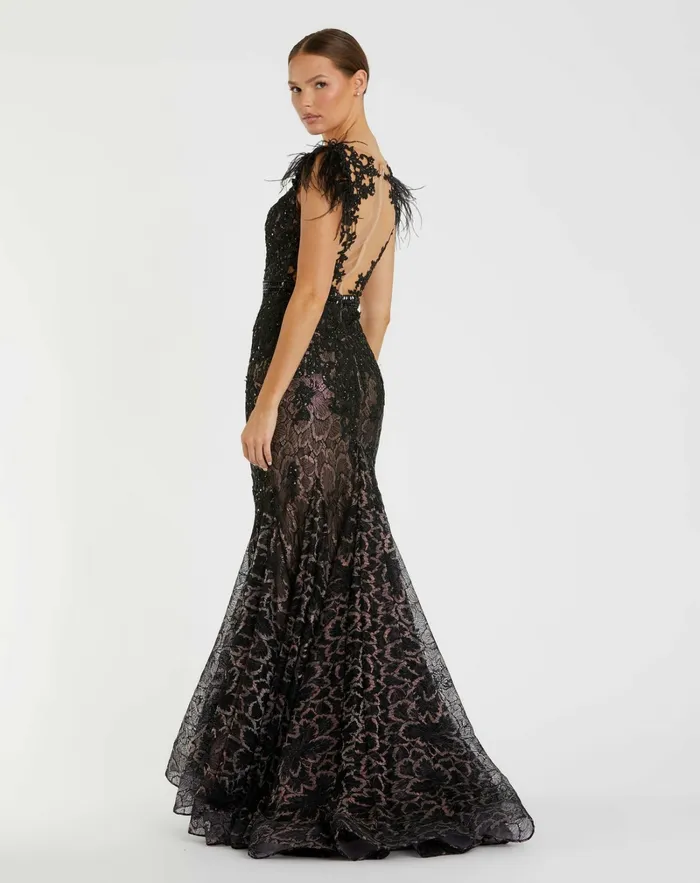 Women Embellished Feather Cap Sleeve Illusion Neck Trumpet Gown Sage Best Sellers Mac Duggal