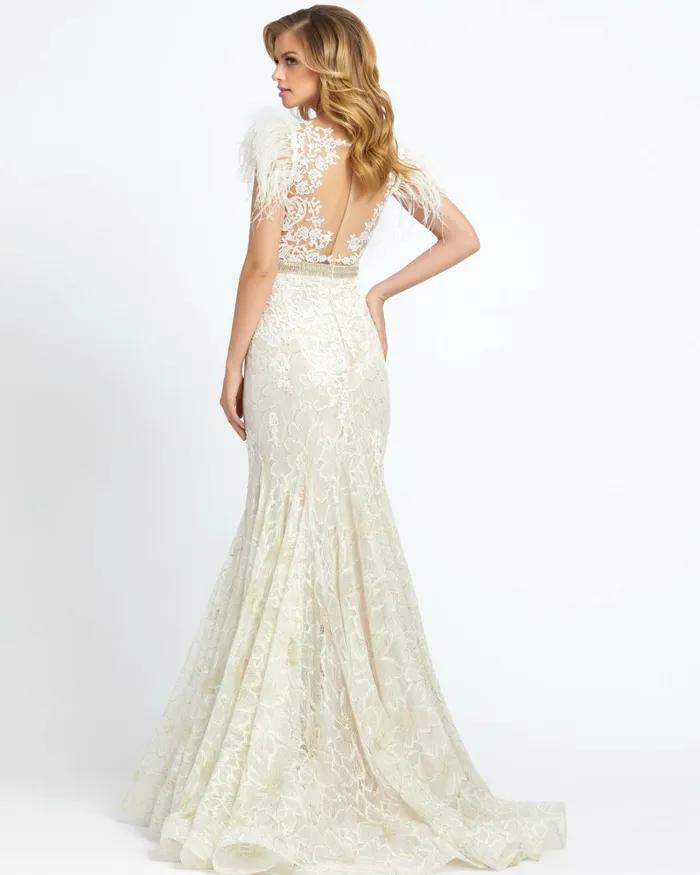 Women Embellished Feather Cap Sleeve Illusion Neck Trumpet Gown Sage Best Sellers Mac Duggal