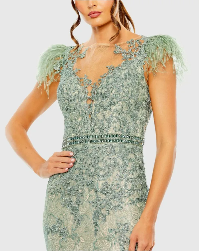Women Embellished Feather Cap Sleeve Illusion Neck Trumpet Gown Sage Best Sellers Mac Duggal