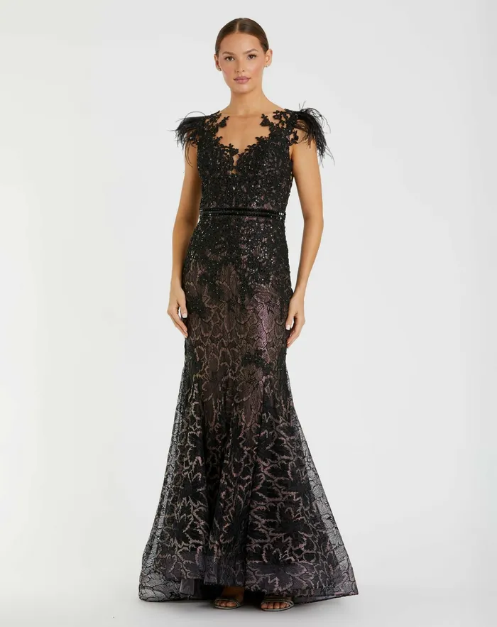 Women Embellished Feather Cap Sleeve Illusion Neck Trumpet Gown Sage Best Sellers Mac Duggal