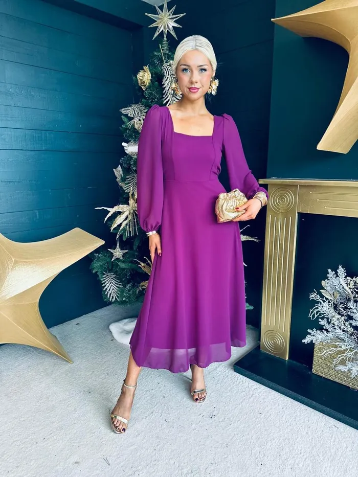 Women Evening Dress Canella Lane Caitlin Square Neck Midi Dress Plum