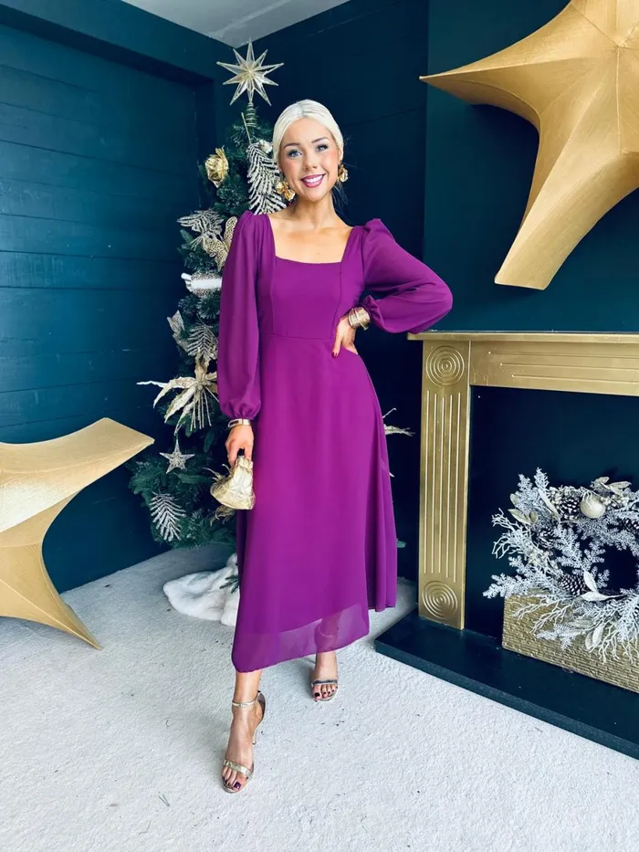 Women Evening Dress Canella Lane Caitlin Square Neck Midi Dress Plum