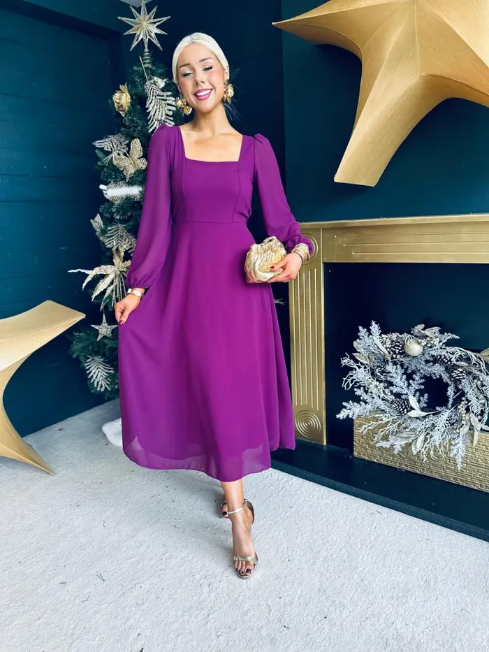 Women Evening Dress Canella Lane Caitlin Square Neck Midi Dress Plum