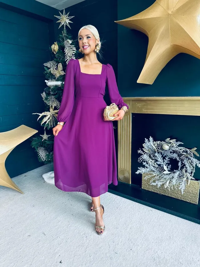 Women Evening Dress Canella Lane Caitlin Square Neck Midi Dress Plum