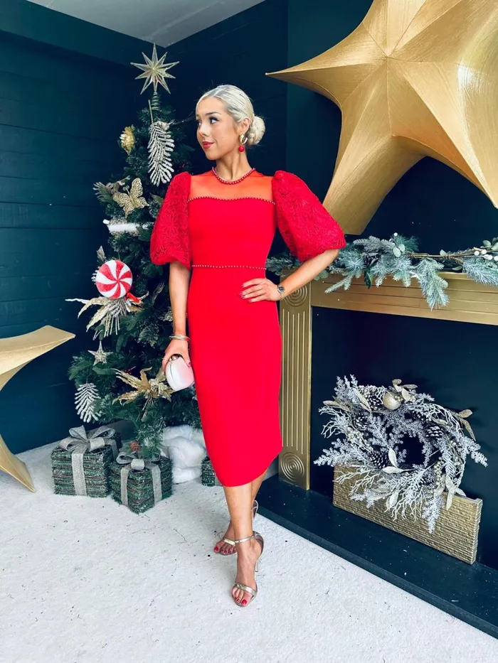 Women Evening Dress Canella Lane Carol Crochet Sleeve Occasion Dress Red
