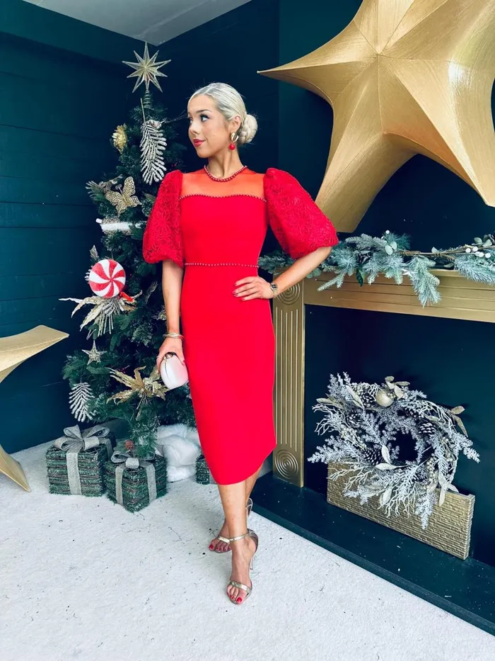 Women Evening Dress Canella Lane Carol Crochet Sleeve Occasion Dress Red