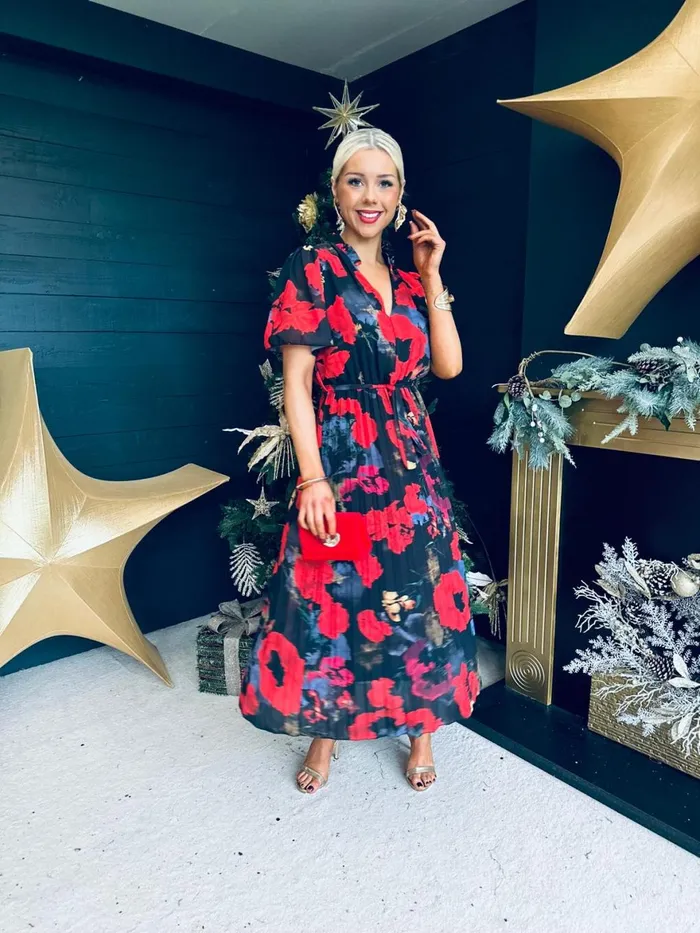 Women Evening Dress Canella Lane Eimear Pleated Midi Dress Black Large Floral